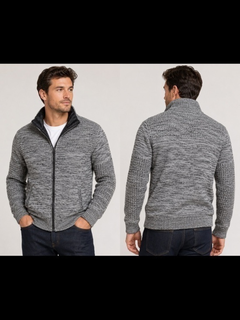 Amongst Others Men’s Gray Marled Knit Quilted Full Zip Jacket L